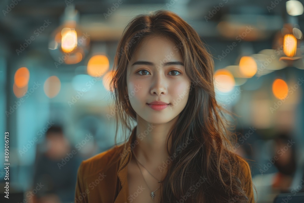Young woman with striking features in a softly lit environment looking thoughtful Young woman with striking features in a softly lit environment looking thoughtful