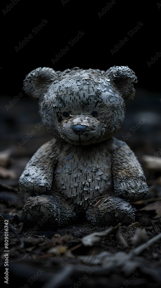 Burnt Toy Bear in the Darkness A Powerful Image Portraying the Bleakness of War and the Theft of Innocence