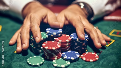 Intense Poker Game at Casino Table with Stacks of Chips and Focused Hands