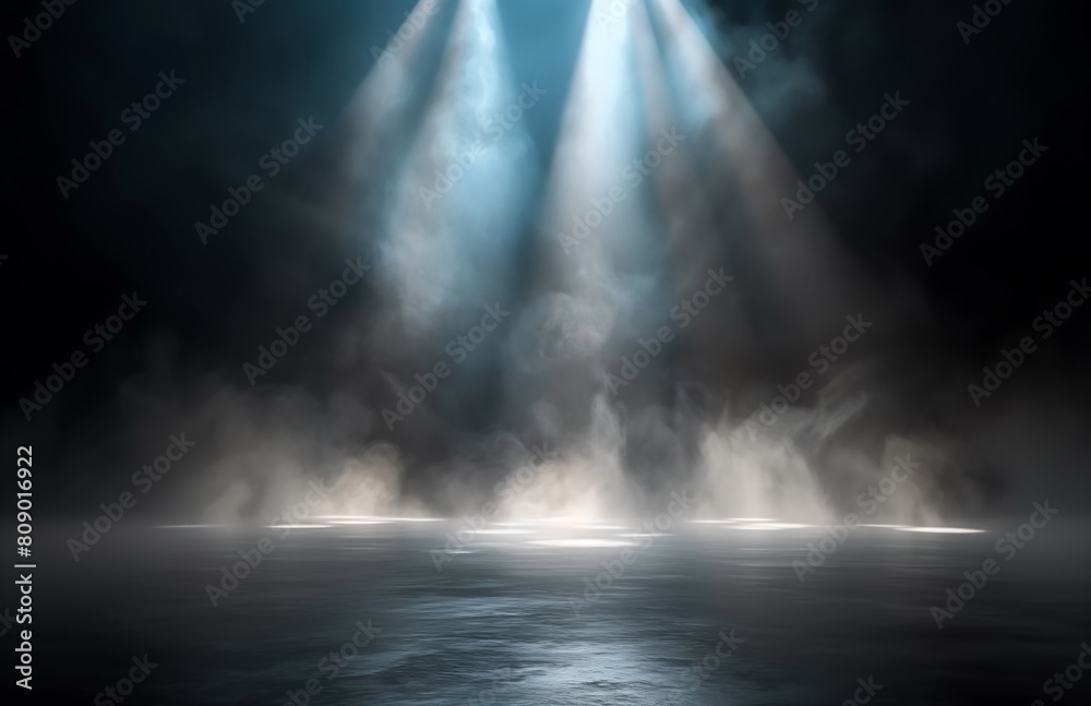 Abstract image of dark foggy room concrete floor Black room or stage background for product placement