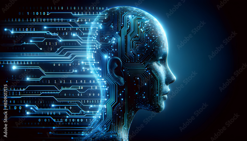 concept with a side profile of a human head made from circuit board patterns, glowing in shades of blue. concept with a side profile of a human head made from circuit board patterns, glowing in shades of blue.