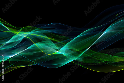 Dynamic neon lines blending into green and blue waves. Mesmerizing art on black background.
