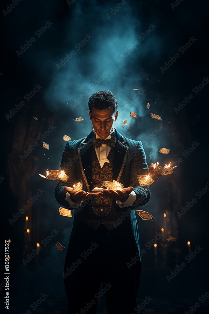 male llusionist performing magic in the circus with burning cards