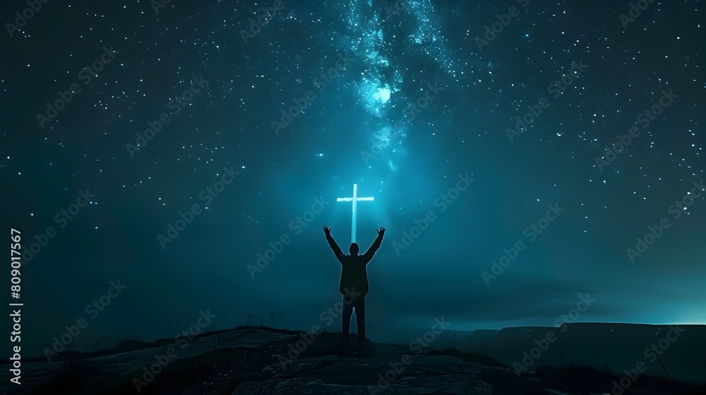 Fototapeta premium A Faithful Figure Stands in Reverence Under the Majestic Glow of a Cross in the Expansive Night Sky