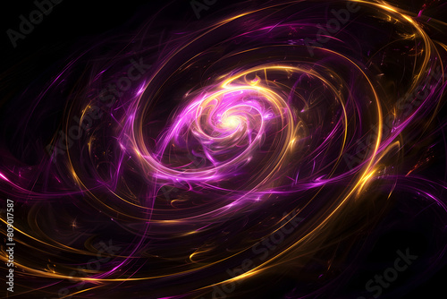 Electric neon swirls intersecting with purple and yellow galaxy-like effects. Unique artwork on black background.