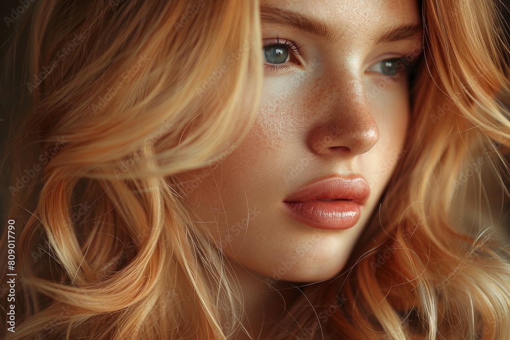 Naklejka premium Striking portrait of a young woman with freckles and flowing wavy hair highlighted by warm lighting