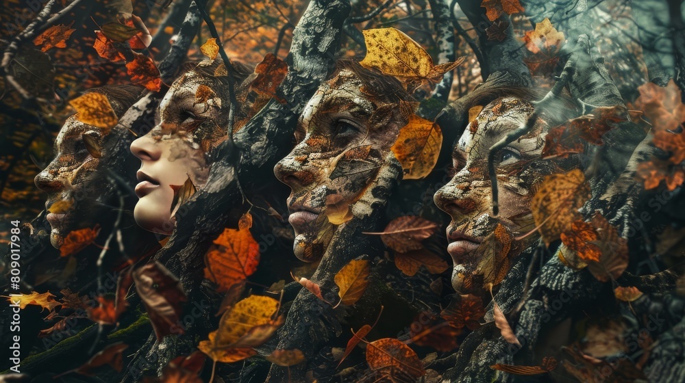 Surreal depiction of a group of adults in a forest, their faces artistically blended with autumn leaves and bark textures, ideal for an environmental campaign