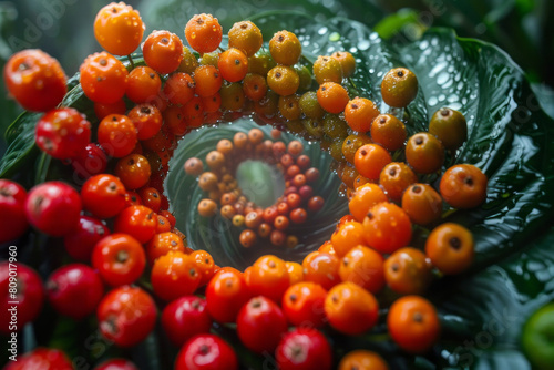 A vibrant vortex formed by guarana fruits, symbolizing a portal to enhanced energy and focus, photo