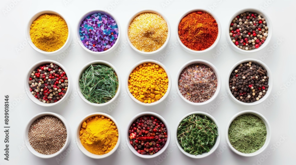 Top view of a colorful collection of spices, arranged neatly in small containers, isolated on a white background under studio lighting Top view of a colorful collection of spices, arranged neatly in small containers, isolated on a white background under studio lighting
