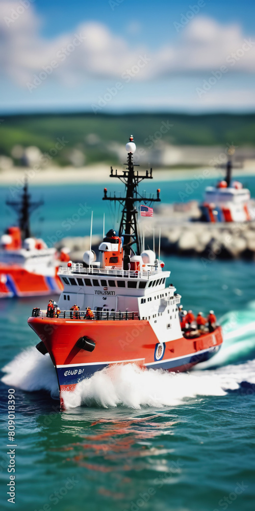 A Coast Guard boat cleaves the waves of the sea. Sunny weather. U.S. Coast Guard Day