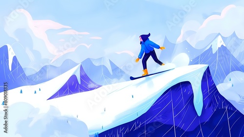 Thrilling snowboarding adventure in the mountains with a spray of snow kicked up