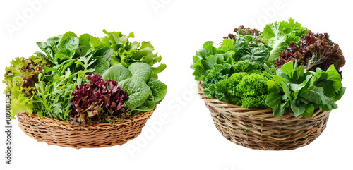 Green lettuce leaves and spinach arranged in a straw basket, isolated on a transparent background.