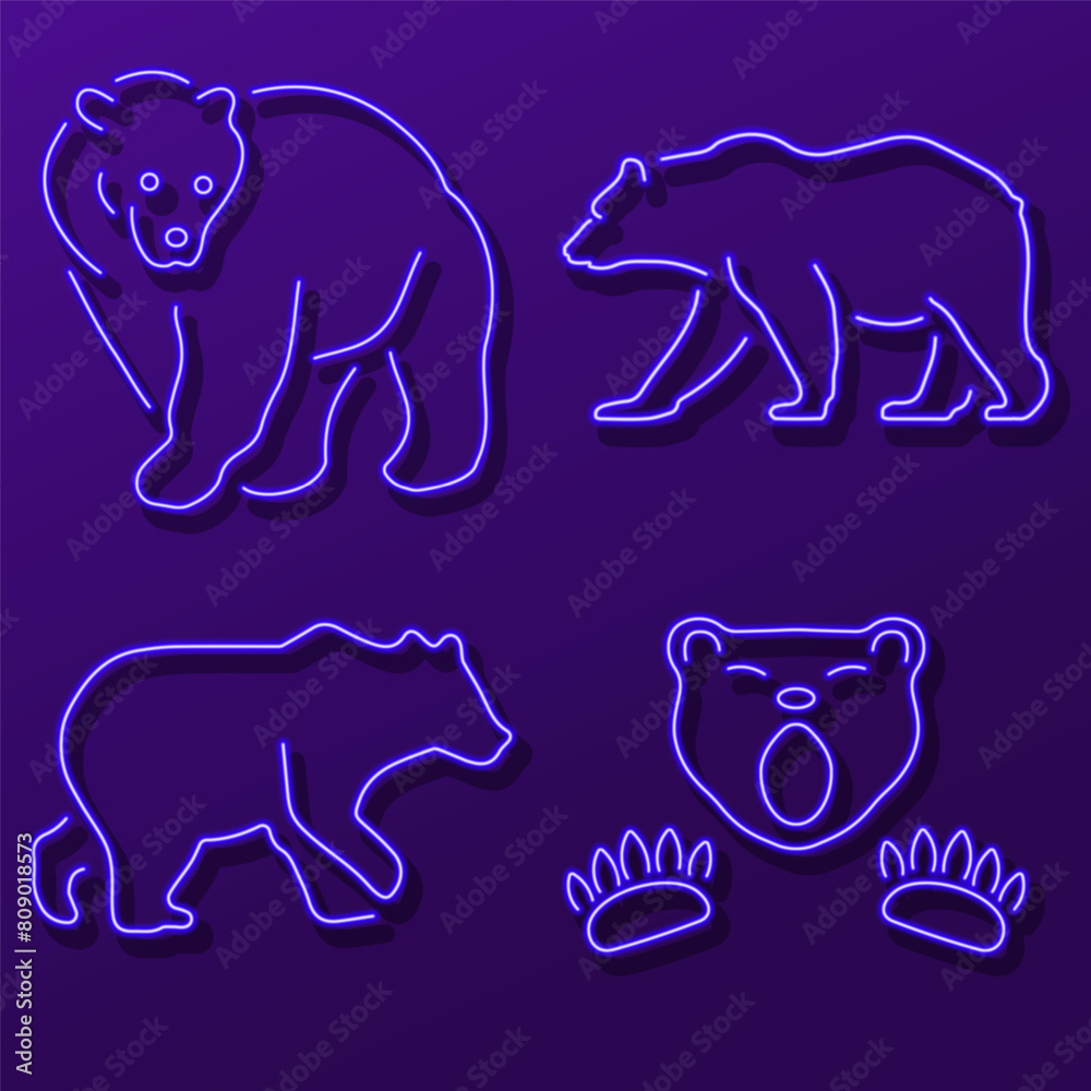 Fototapeta premium bear group of neon icons, vector illustration, on a black background.