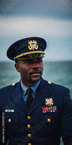 A U.S. Coast Guard officer stands in front of a Coast Guard boat in full dress uniform photo