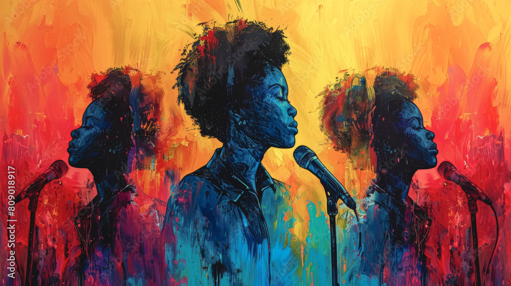 Obraz premium Musical background with African American women singing into microphones.