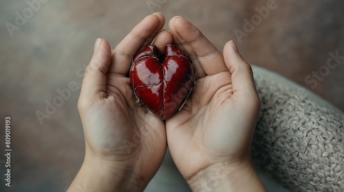 woman's hands holding a mock-up of a small heart on their palms, close-up, cigarettes lie next to them