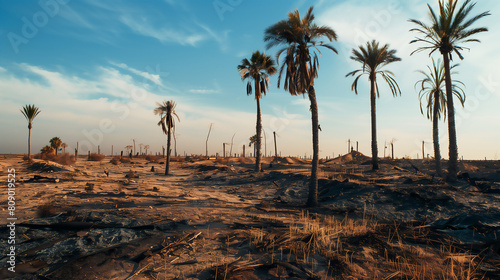 Landscape with scorched earth and the charred remains of palm trees. photo