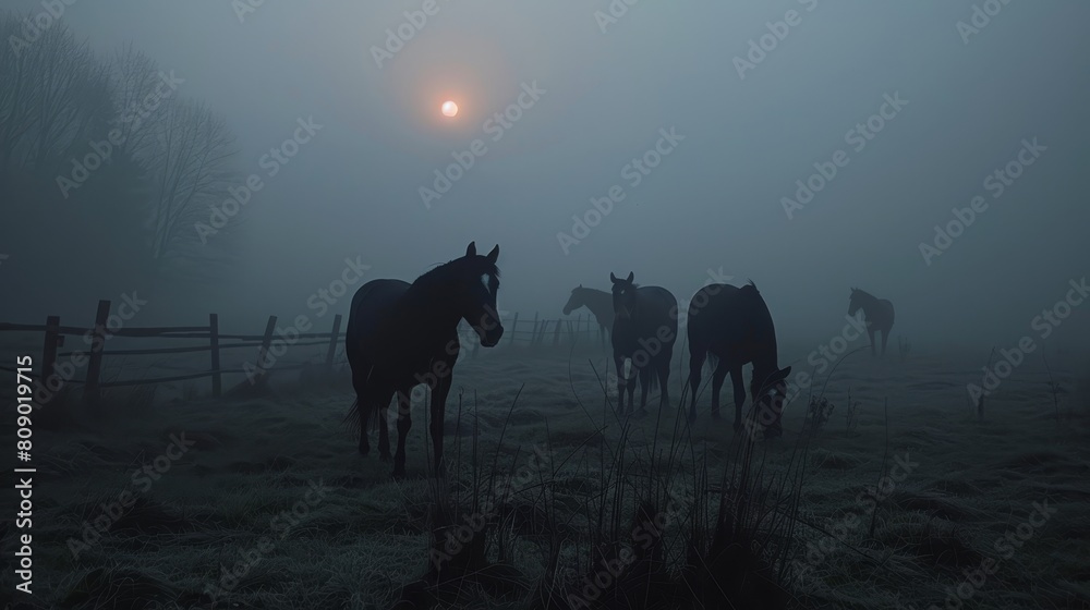 Fototapeta premium Generate a visual representation of horses wandering leisurely through a dusky countryside