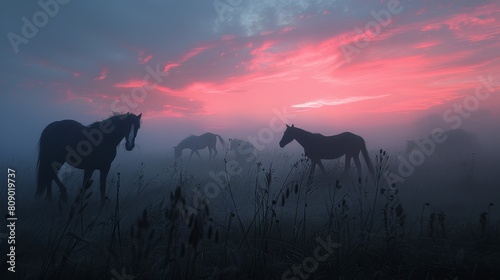 Generate a visual representation of horses wandering leisurely through a dusky countryside photo