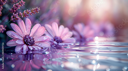 Beauty Purple Flowers Reflecting on Water Surface, generative Ai photo