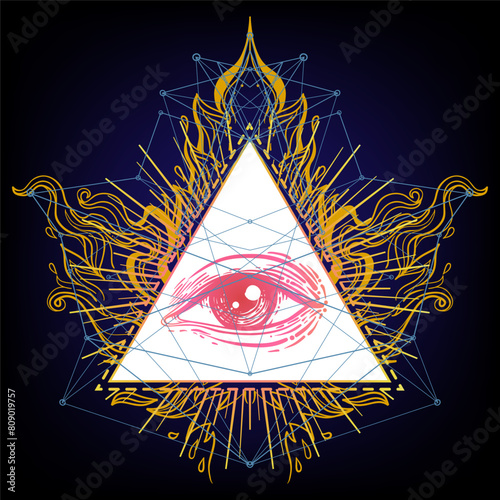 Sacred geometry symbol with all seeing eye over in acid colors. Mystic, alchemy, occult concept. Design for indie music cover, t-shirt print, psychedelic poster, flyer. Astrology, esoteric, religion.