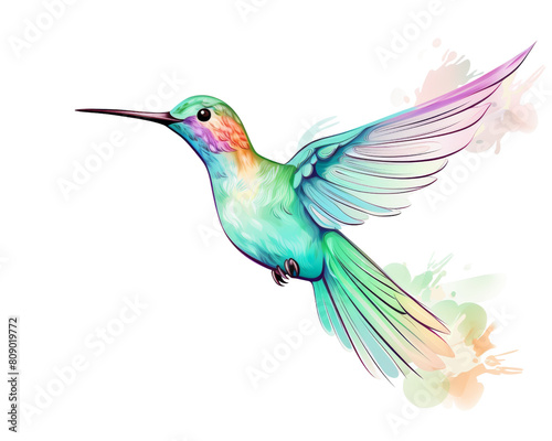 A watercolor painting of a hummingbird with a long  thin beak and a crest of feathers on its head  transparent background