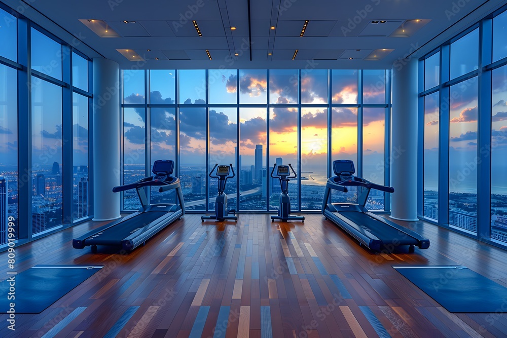 View of High-end luxury fitness in a high-rise building Looks comfortable with ...