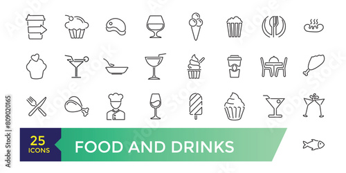 Food and drinks icons collection. Set of more thin line icons. Food and drinks black icons.