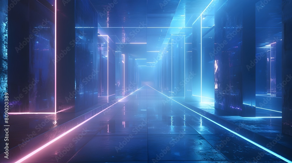 Futuristic High Tech Landscape with Neon Like Beams Holographic Displays and Floating Geometric Platforms in a Dark Blue Toned Minimalist Art Style Futuristic High Tech Landscape with Neon Like Beams Holographic Displays and Floating Geometric Platforms in a Dark Blue Toned Minimalist Art Style