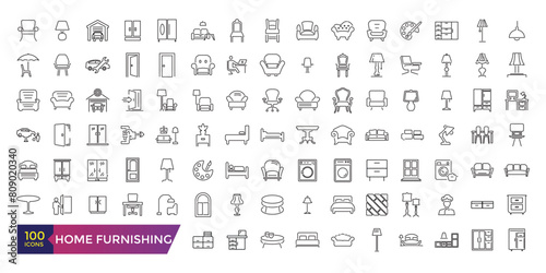 Furniture flat line icons set. Outline signs of house interior, editable stroke.