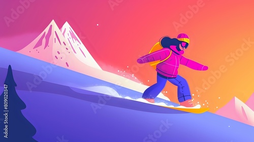 Excited woman snowboarding through pristine powder with snow-capped peaks in the background © Maquette Pro