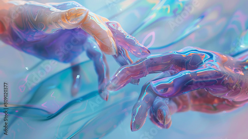 A close-up scene of two hands gently meeting, against a background of holographic glass sculptures and a pale blue background with translucent waves of resin 
