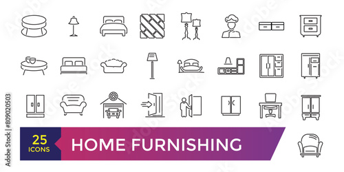 Furniture flat line icons set. Outline signs of house interior, editable stroke.