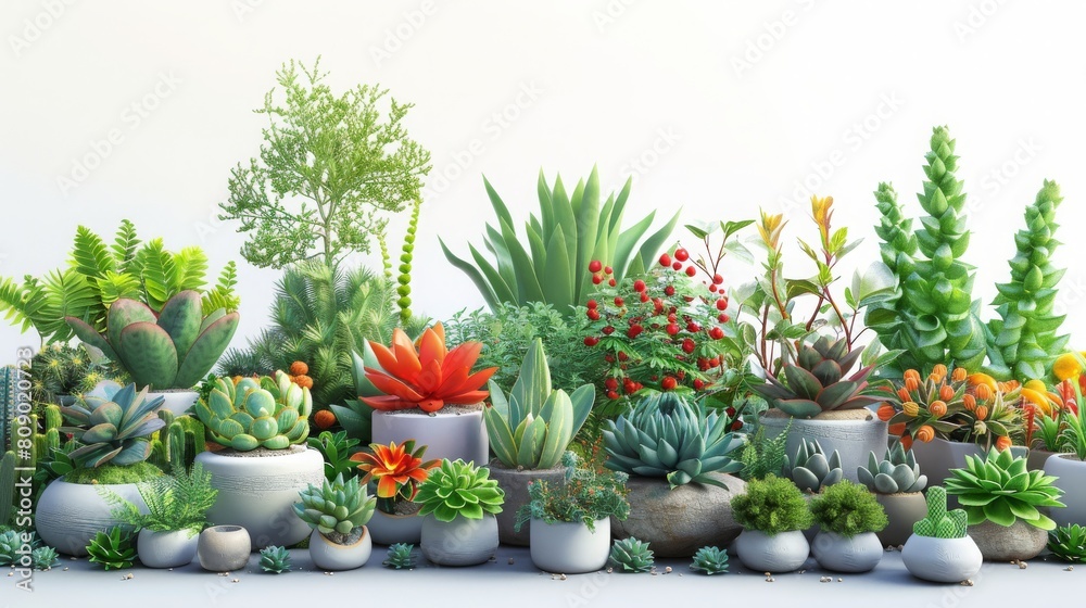 A row of potted plants with a variety of colors and sizes
