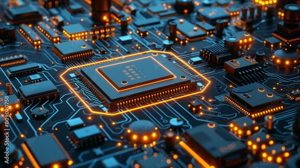 Photorealistic rendering of a digital circuit board, pathways illuminated to reveal a map of global connectivity. Photorealistic rendering of a digital circuit board, pathways illuminated to reveal a map of global connectivity.