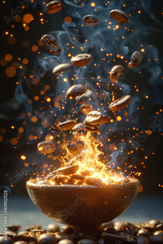 Coffee beans stylized as ancient runes glowing with power, each bean unleashing its own unique wave of energy,