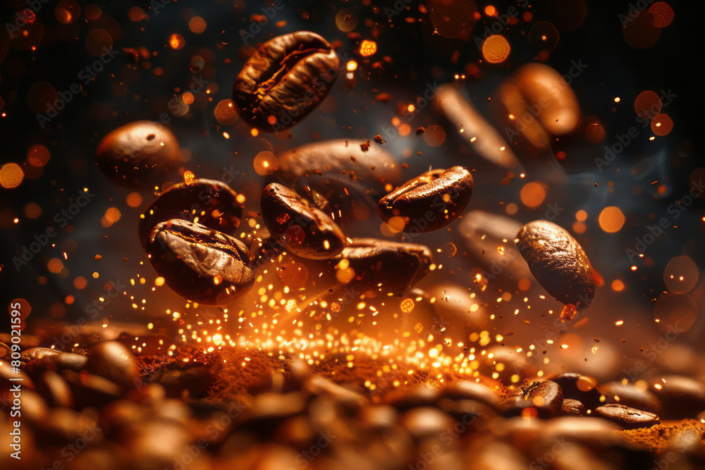 Coffee beans depicted as meteorites igniting the atmosphere, symbolizing their powerful energizing impact,