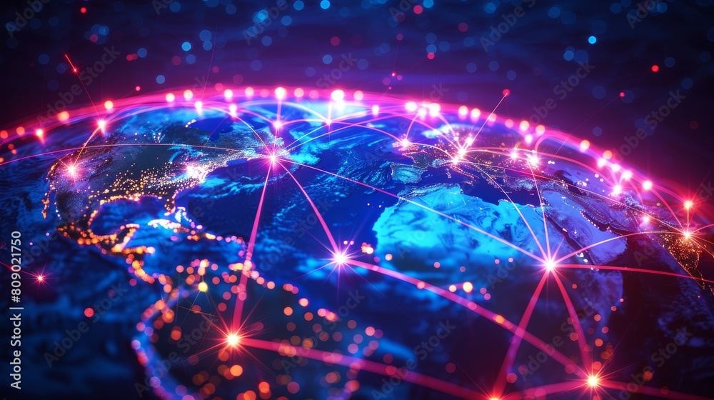 Hightech image of global network connections with bright, colorful links spanning across a globe, emphasizing advanced technology and connectivity Hightech image of global network connections with bright, colorful links spanning across a globe, emphasizing advanced technology and connectivity
