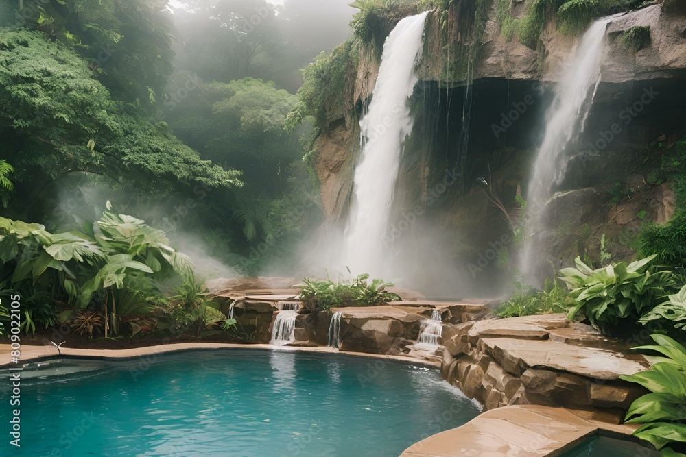 Luxury Pools With Waterfalls, Waterfall surrounded by lush vegetation and moss-covered rocks