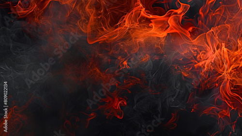 Smoke patterns mimicking the flow of molten lava, with fiery reds and oranges against a stark black canvas.