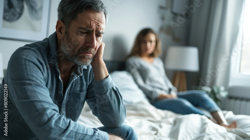 Depressed man sitting and covering his face on bed while having problems with girlfriend.