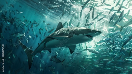 Shark swimming surrounded by fish or sardines in the sea in high resolution and high quality. animal concept, leader, boss, sea, ocean, day, shark