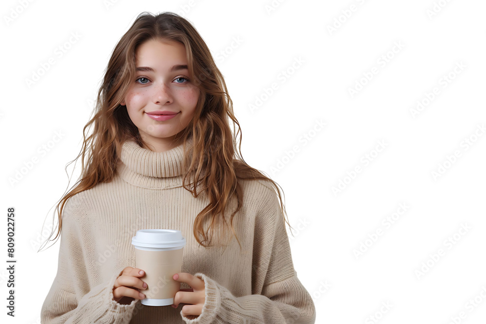 European woman in beige pullover standing with coffee cup on isolated transparent background European woman in beige pullover standing with coffee cup on isolated transparent background