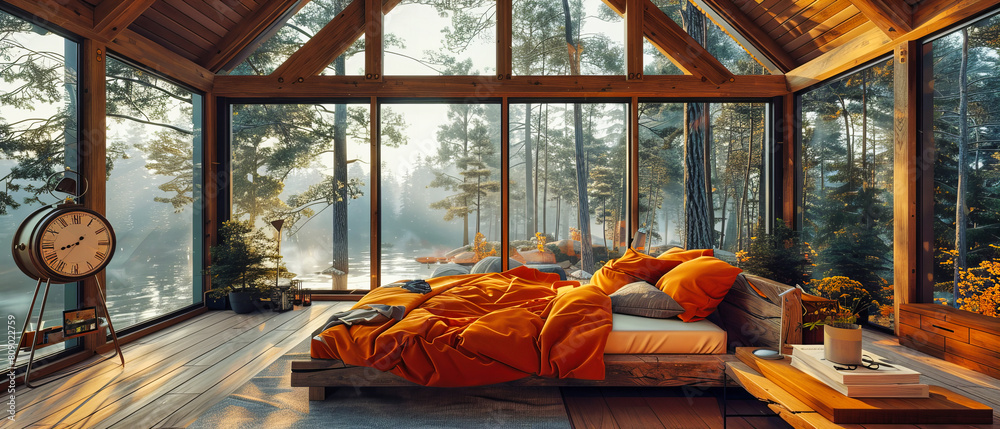 Cozy Winter Bedroom with Forest View, Modern Cabin Interior with Warm Bedding and Rustic Decor