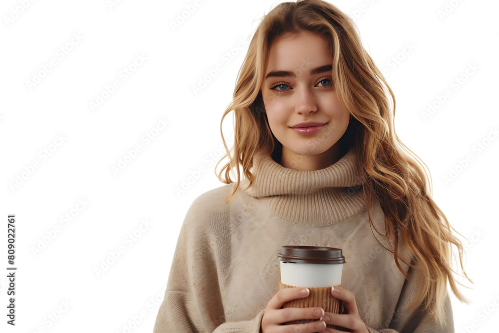 European woman in beige pullover standing with coffee cup on isolated transparent background European woman in beige pullover standing with coffee cup on isolated transparent background
