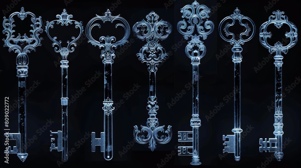 Skeleton Key Silhouettes, Detailed X-ray view of a series of ornate ...