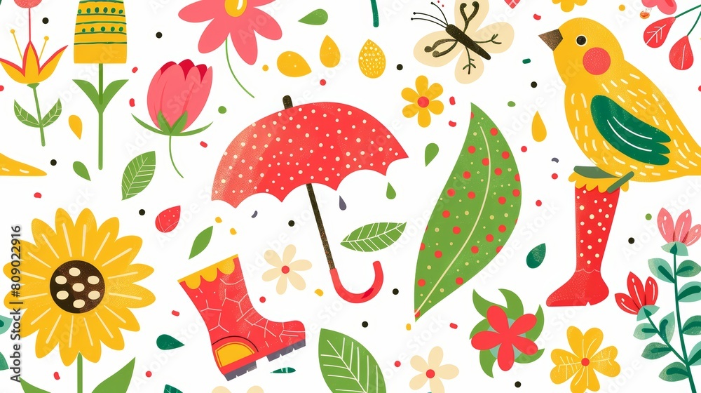 Fototapeta premium Spring Bloom Icons, Close-up vector icons featuring blooming flowers, chirping birds, rain boots, and umbrellas, perfect for seasonal promotions and events, customizable in color and size