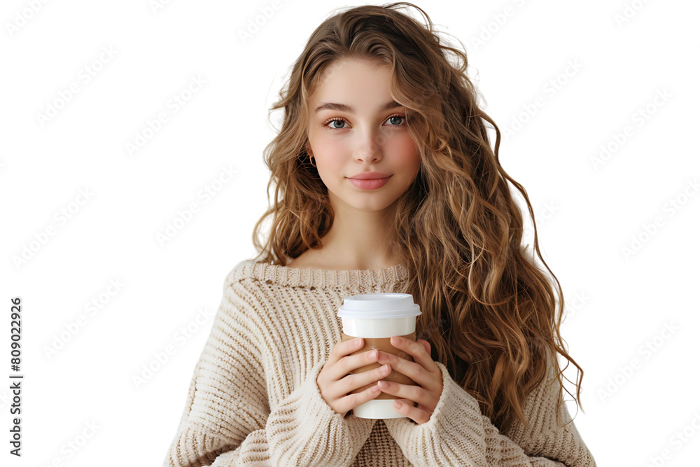European woman in beige pullover standing with coffee cup on isolated transparent background European woman in beige pullover standing with coffee cup on isolated transparent background
