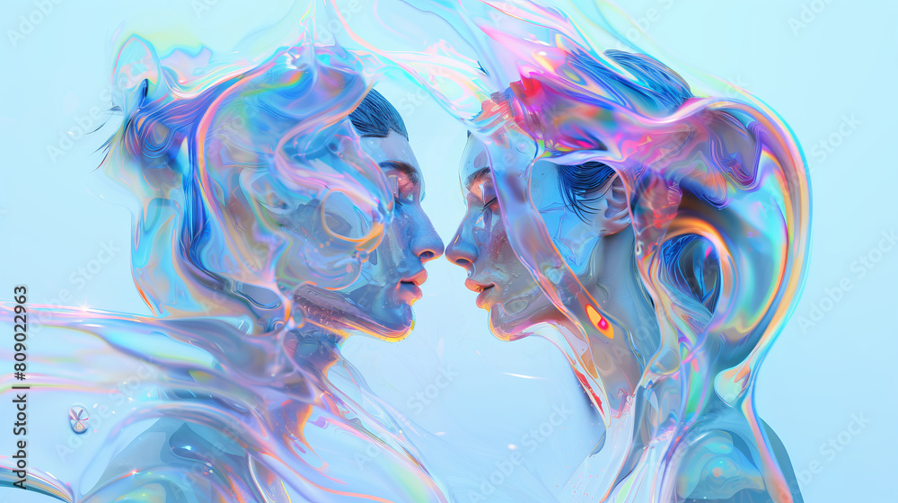 In the frame against the background of holographic glass sculptures, a couple of lovers, immersed in tenderness and affection, becomes the center of attention 
