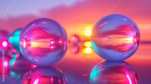 Capture a frontal view of vibrant neon balls on a sleek